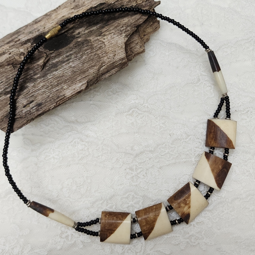 Vintage Black Seed Bead Faux Tribal Statement Collar Necklace 18"